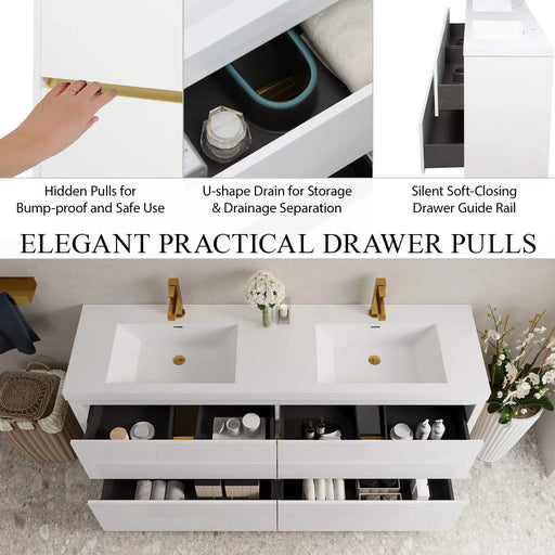 BATHIN 72' Freestanding Bathroom Vanity with Sink, Bathroom Storage Vanity Cabinet with Stone Resin Countertop and Soft Close Drawers, Glossy White 24V14-72GW Default -DTYStore