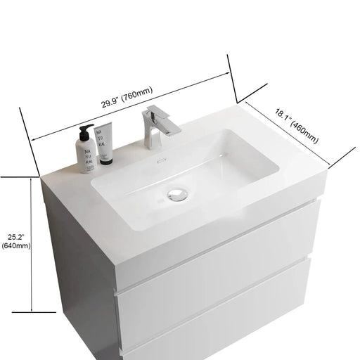 BB02-30-101, Integrated solid surface basin WITHOUT drain and faucet, glossy white color Default -DTYStore