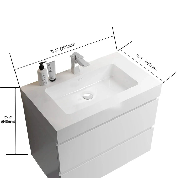 BB02-30-101, Integrated solid surface basin WITHOUT drain and faucet, glossy white color Default -DTYStore
