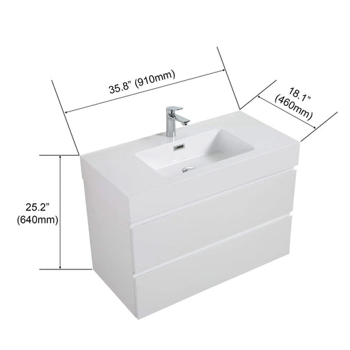 BB02-36-101, Integrated solid surface basin WITHOUT drain and faucet, glossy white color Default -DTYStore