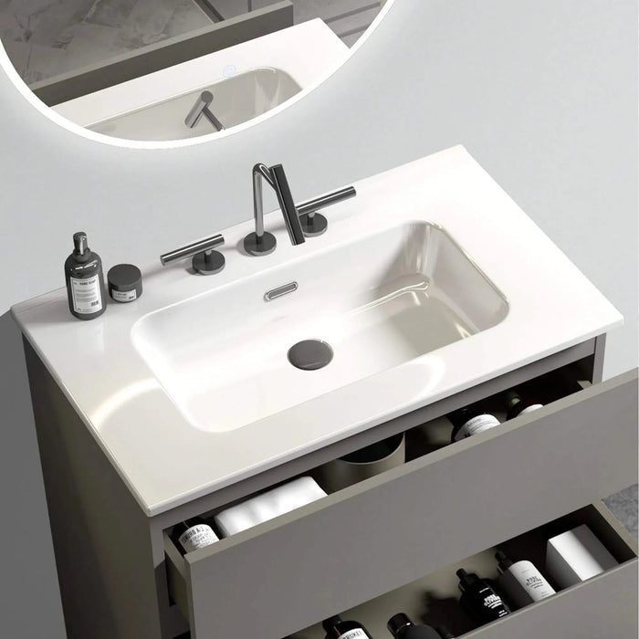 BB0930Y331, Integrated white ceramic basin with three predrilled faucet holes, faucet and drain assembly NOT included Default -DTYStore