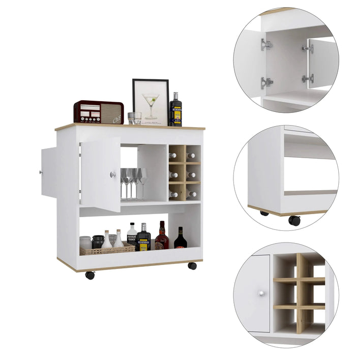 Bar Cart Aloha, Lower Panel, Six Bottle Cubbies, One Cabinet, Light Oak / White Finish Default -DTYStore