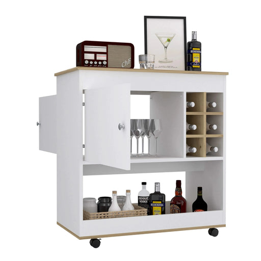 Bar Cart Aloha, Lower Panel, Six Bottle Cubbies, One Cabinet, Light Oak / White Finish Default -DTYStore