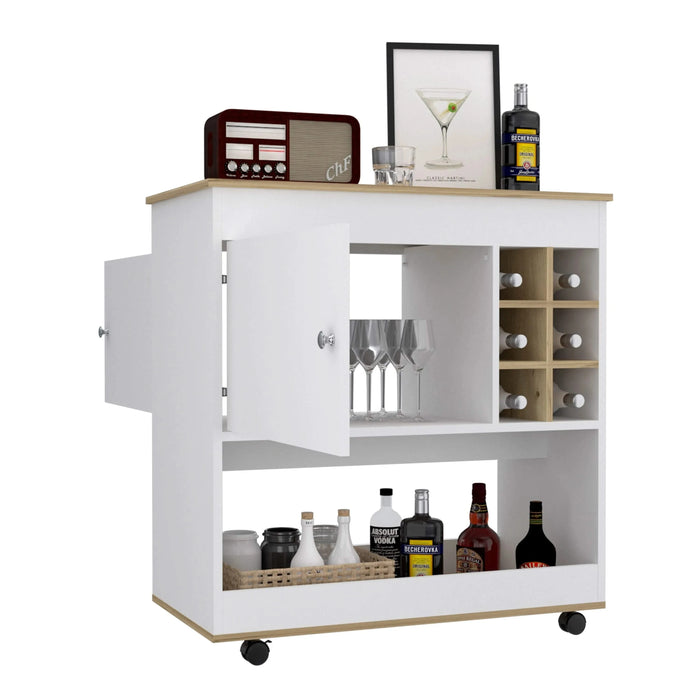 Bar Cart Aloha, Lower Panel, Six Bottle Cubbies, One Cabinet, Light Oak / White Finish Default -DTYStore