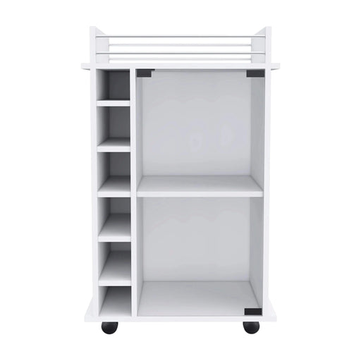 Bar Cart Baltimore, Six Wine Cubbies, Glass Door, Four Caster, Two Shelves, White Finish Default -DTYStore