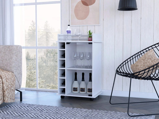 Bar Cart Baltimore, Six Wine Cubbies, Glass Door, Four Caster, Two Shelves, White Finish Default -DTYStore