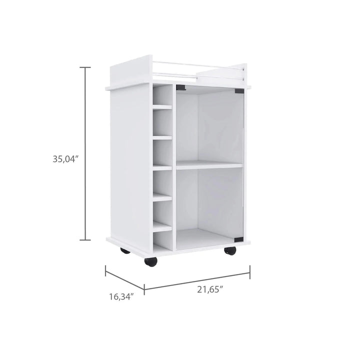 Bar Cart Baltimore, Six Wine Cubbies, Glass Door, Four Caster, Two Shelves, White Finish Default -DTYStore