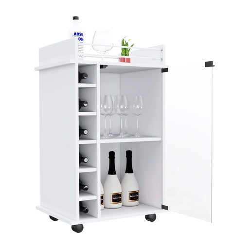 Bar Cart Baltimore, Six Wine Cubbies, Glass Door, Four Caster, Two Shelves, White Finish Default -DTYStore