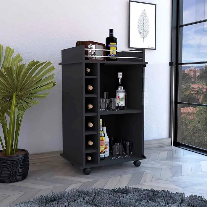 Bar Cart Baltimore, Two Tier Cabinet With Glass Door, Six Wine Cubbies, Black Wengue Finish Default -DTYStore