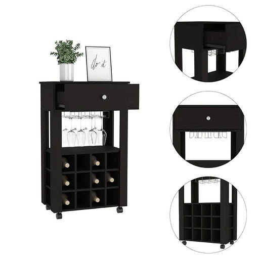 Bar Cart Bayamon, Twelve Wine Cubbies, Four Legs, Black Wengue Finish Default -DTYStore