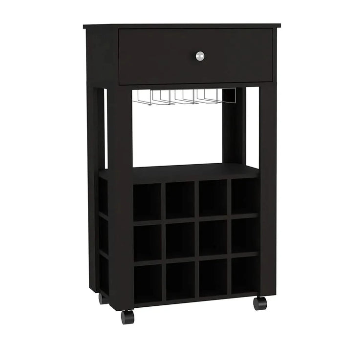 Bar Cart Bayamon, Twelve Wine Cubbies, Four Legs, Black Wengue Finish Default -DTYStore