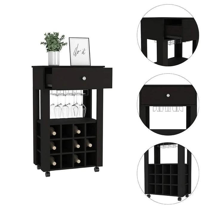 Bar Cart Bayamon, Twelve Wine Cubbies, Four Legs, Black Wengue Finish Default -DTYStore