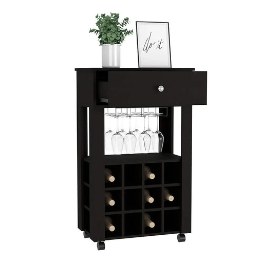 Bar Cart Bayamon, Twelve Wine Cubbies, Four Legs, Black Wengue Finish Default -DTYStore