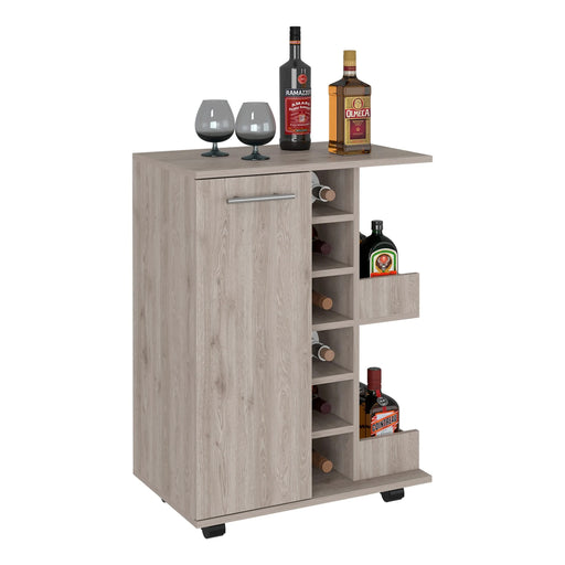 Bar Cart, Four Casters, Single Door Cabinet, Two External Shelves, Light Gray Default -DTYStore