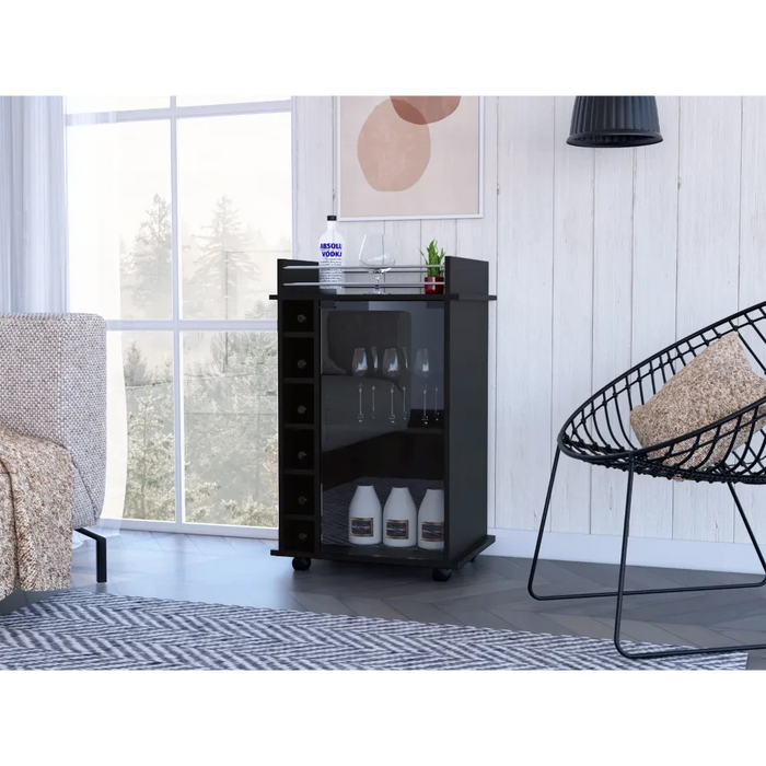 Bar Cart, Glass Door, Four Casters, Two Shelves, Black Default -DTYStore