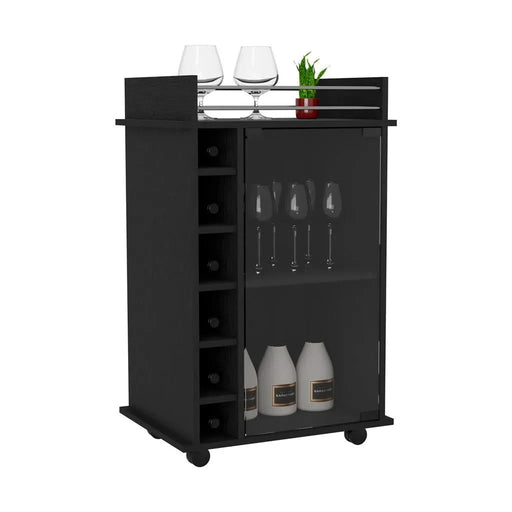Bar Cart, Glass Door, Four Casters, Two Shelves, Black Default -DTYStore