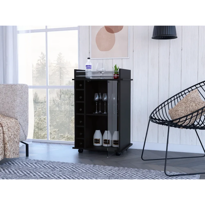 Bar Cart, Glass Door, Four Casters, Two Shelves, Black Default -DTYStore