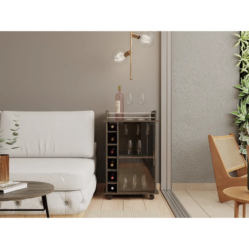 Bar Cart, Glass Door, Four Casters, Two Shelves, Carbon Espresso Default -DTYStore