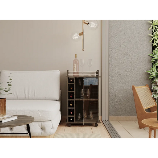Bar Cart, Glass Door, Four Casters, Two Shelves, Carbon Espresso Default -DTYStore
