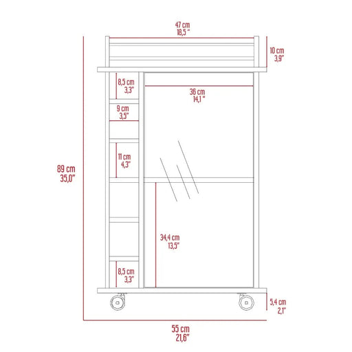 Bar Cart, Glass Door, Four Casters, Two Shelves, White Default -DTYStore