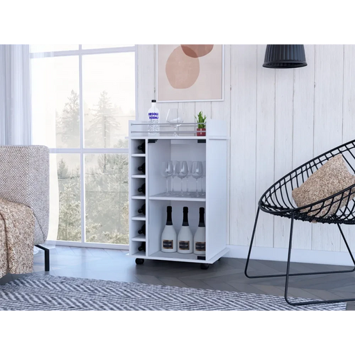 Bar Cart, Glass Door, Four Casters, Two Shelves, White Default -DTYStore