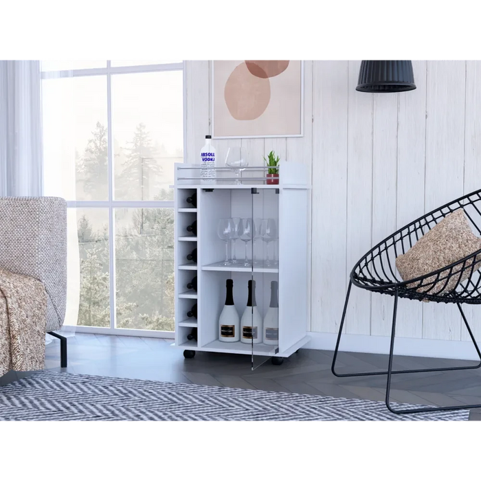 Bar Cart, Glass Door, Four Casters, Two Shelves, White Default -DTYStore