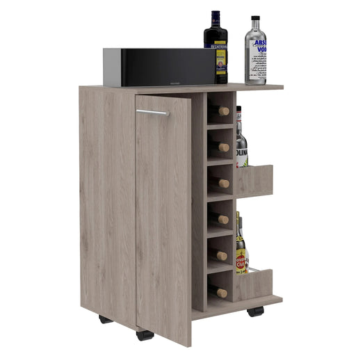 Bar Cart, Two External Shelves, Four Casters, Six Built-in Wine Rack, Single Door Cabinet -Light Gray Default -DTYStore