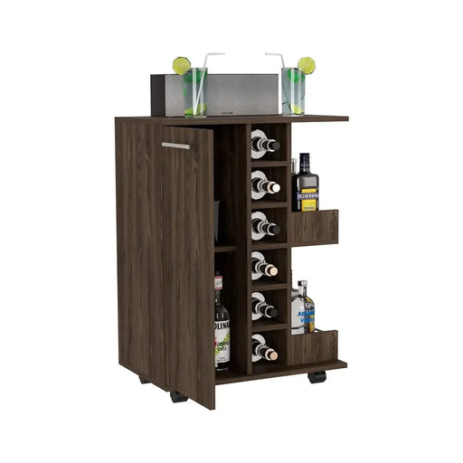 Bar Cart Wells, Four Casters, Dark Walnut Finish Default -DTYStore