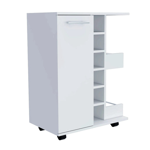 Bar Cart Wells, Four Casters, Six Wine Cubbies, Single Door Cabinet, White Finish Default -DTYStore