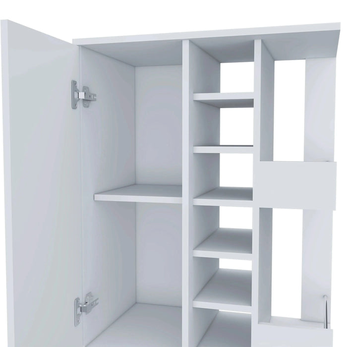 Bar Cart Wells, Four Casters, Six Wine Cubbies, Single Door Cabinet, White Finish Default -DTYStore