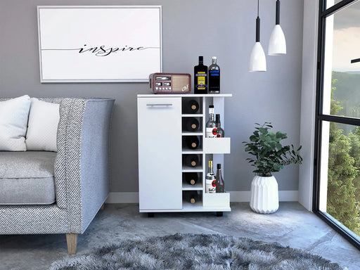 Bar Cart Wells, Four Casters, Six Wine Cubbies, Single Door Cabinet, White Finish Default -DTYStore