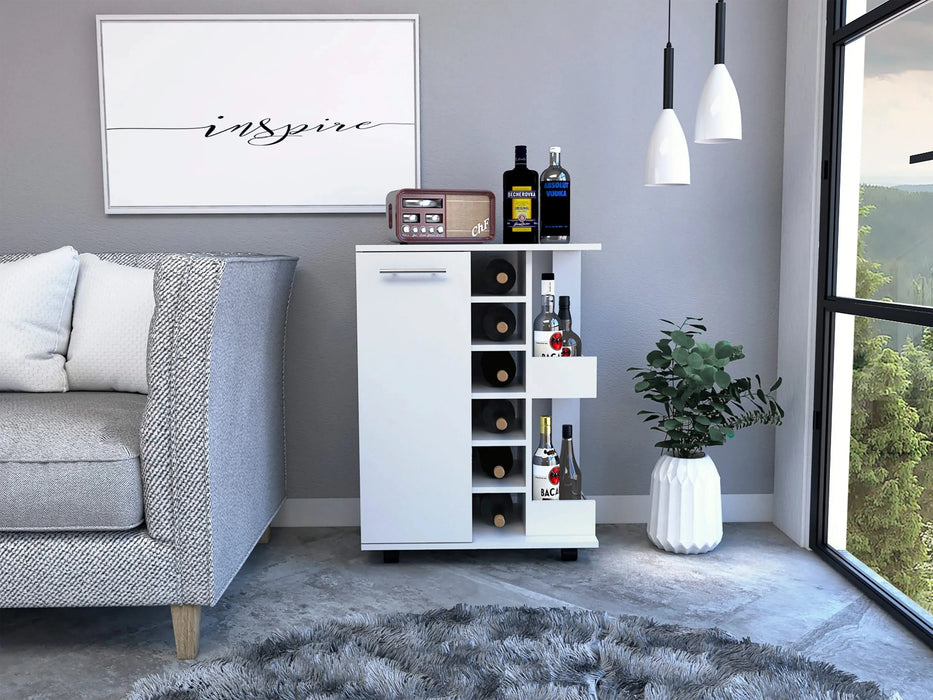 Bar Cart Wells, Four Casters, Six Wine Cubbies, Single Door Cabinet, White Finish Default -DTYStore