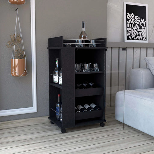 Bar Cart with Glass Door, 2-Side Shelves and Casters, Black Default -DTYStore