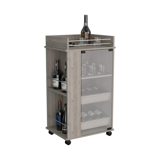 Bar Cart with Glass Door, 2-Side Shelves and Casters, Light Gray Default -DTYStore