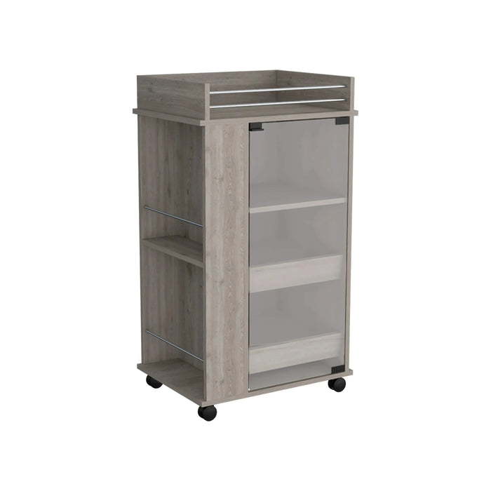 Bar Cart with Glass Door, 2-Side Shelves and Casters, Light Gray Default -DTYStore