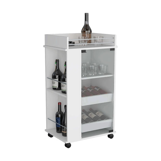 Bar Cart with Glass Door, 2-Side Shelves and Casters, White Default -DTYStore