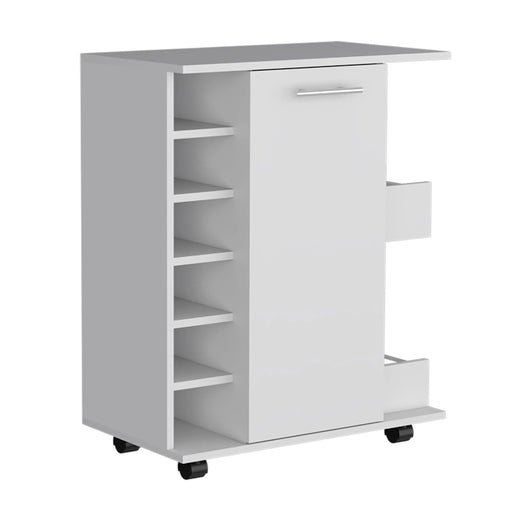 Bar Cart with Six-Wine Cubbies Cabot, Two-Side Storage Shelves and Casters, White Finish Default -DTYStore