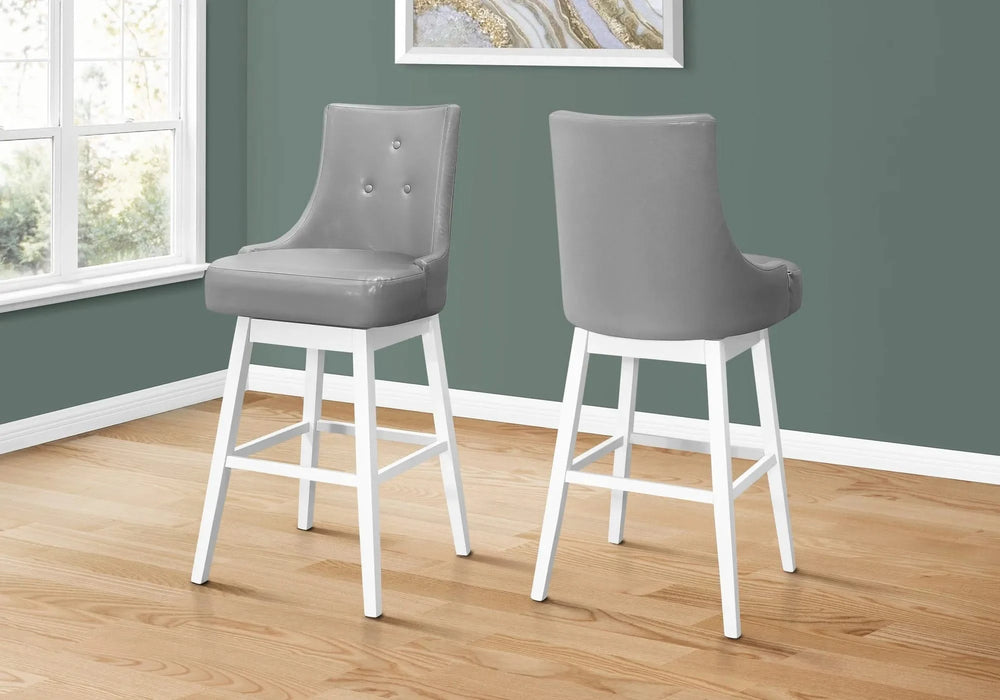 Bar Stool, Set Of 2, Swivel, Bar Height, White Wood, Grey Leather Look, Transitional Default -DTYStore