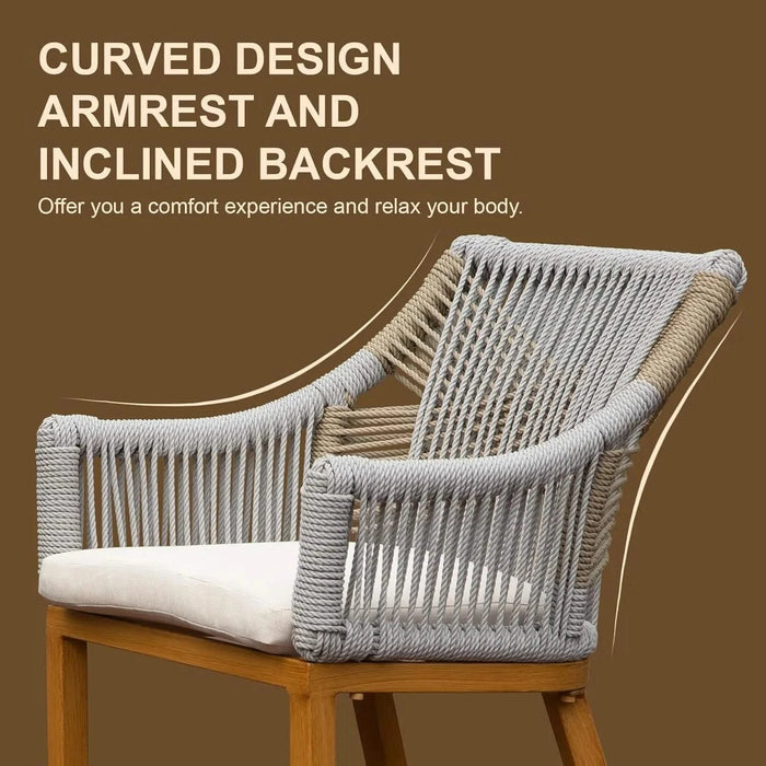 Bar Stools Set of 2, Outdoor Counter Height Bar Chairs with Arm and Backrest, Aluminum Tall Bar stools with Cushion Modern Textilene Rope Boho Barstools for Garden, Pool, Patio, Kitchen-Square Backres Default -DTYStore