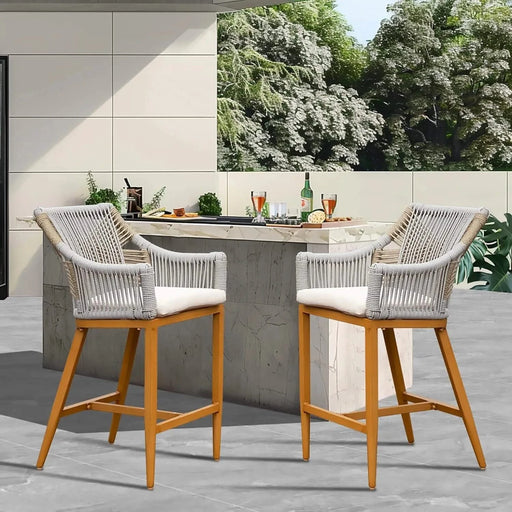 Bar Stools Set of 2, Outdoor Counter Height Bar Chairs with Arm and Backrest, Aluminum Tall Bar stools with Cushion Modern Textilene Rope Boho Barstools for Garden, Pool, Patio, Kitchen-Square Backres Default -DTYStore
