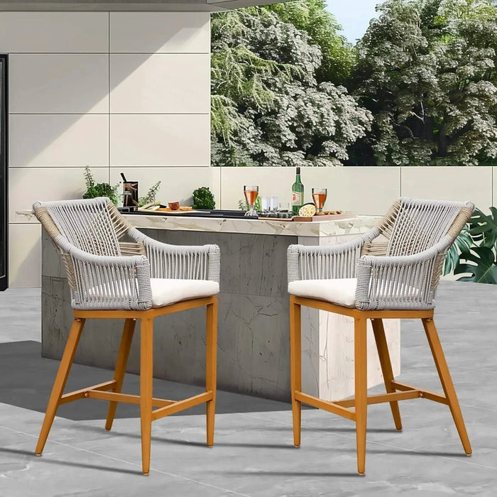 Bar Stools Set of 2, Outdoor Counter Height Bar Chairs with Arm and Backrest, Aluminum Tall Bar stools with Cushion Modern Textilene Rope Boho Barstools for Garden, Pool, Patio, Kitchen-Square Backres Default -DTYStore