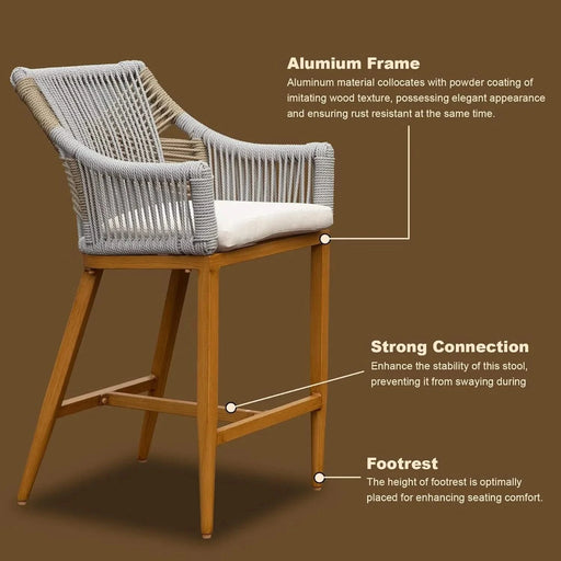 Bar Stools Set of 2, Outdoor Counter Height Bar Chairs with Arm and Backrest, Aluminum Tall Bar stools with Cushion Modern Textilene Rope Boho Barstools for Garden, Pool, Patio, Kitchen-Square Backres Default -DTYStore
