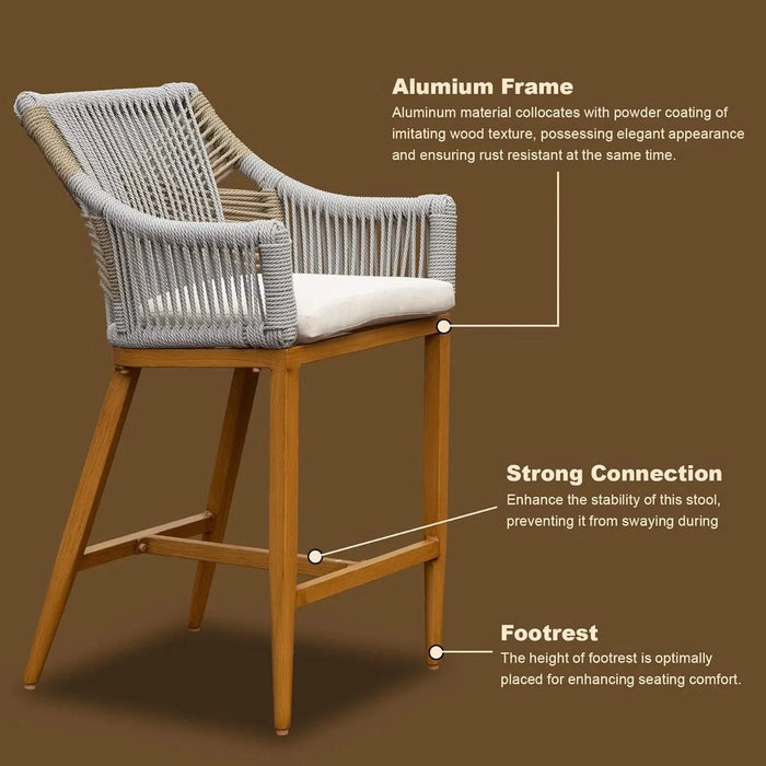 Bar Stools Set of 2, Outdoor Counter Height Bar Chairs with Arm and Backrest, Aluminum Tall Bar stools with Cushion Modern Textilene Rope Boho Barstools for Garden, Pool, Patio, Kitchen-Square Backres Default -DTYStore