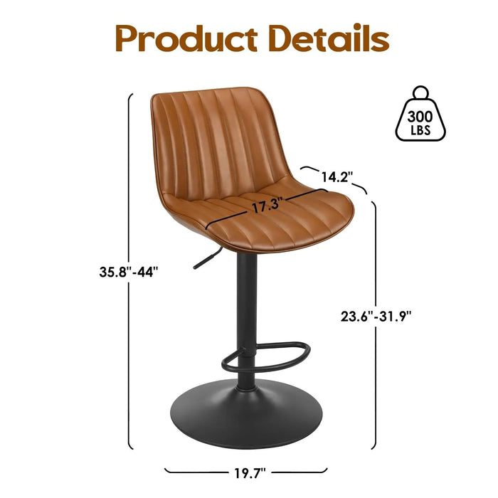 Bar Stools Set of 2, Swivel Adjustable Barstools, Bar Height Stools with Back Support, PU Leather Counter Height Bar Chairs for Kitchen Island Rustic Barstool, Brown Default -DTYStore