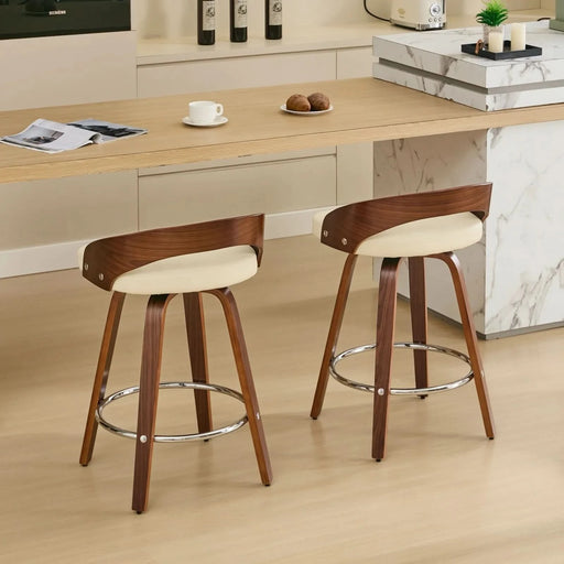 Bar Stools Set of 2, Swivel Bar Height Stools with Low Back, Wood Bar Chairs with Soft Cushion Seat, 25-Inch Seat Height (Beige, 25' Counter Height) Default -DTYStore