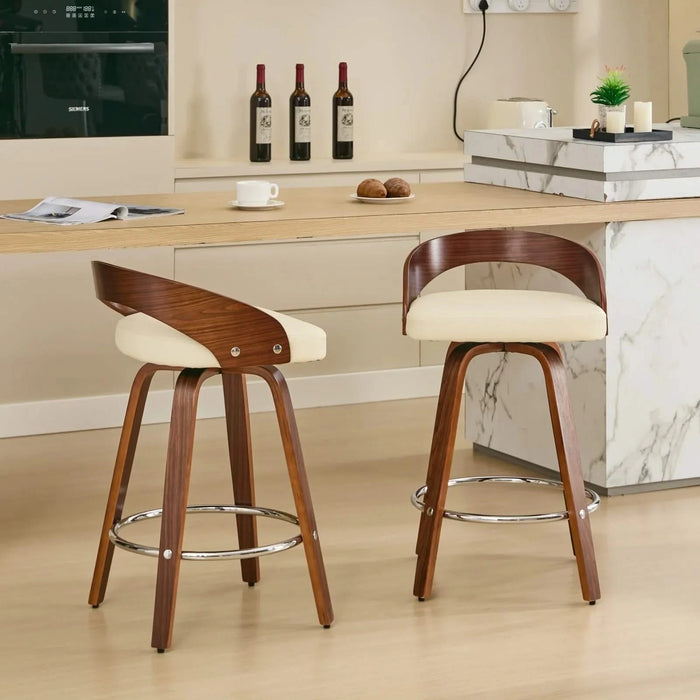 Bar Stools Set of 2, Swivel Bar Height Stools with Low Back, Wood Bar Chairs with Soft Cushion Seat, 25-Inch Seat Height (Beige, 25' Counter Height) Default -DTYStore