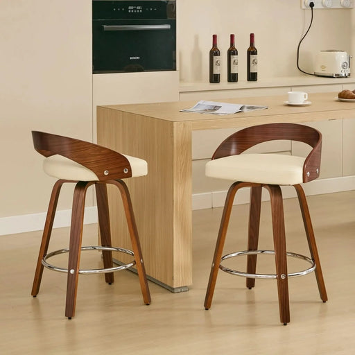 Bar Stools Set of 2, Swivel Bar Height Stools with Low Back, Wood Bar Chairs with Soft Cushion Seat, 25-Inch Seat Height (Beige, 25' Counter Height) Default -DTYStore