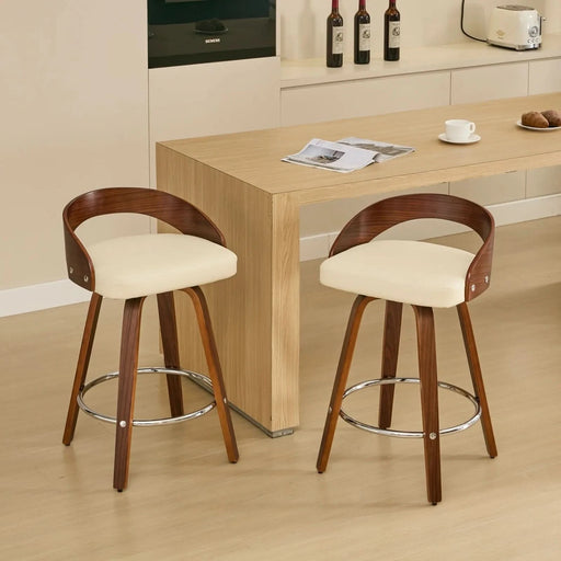 Bar Stools Set of 2, Swivel Bar Height Stools with Low Back, Wood Bar Chairs with Soft Cushion Seat, 25-Inch Seat Height (Beige, 25' Counter Height) Default -DTYStore