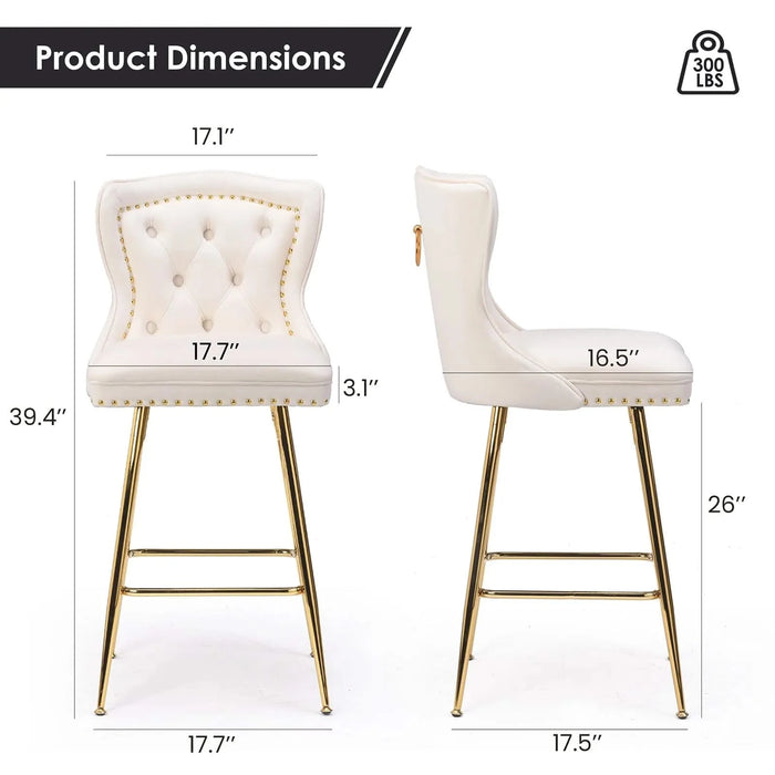 Bar Stools Set of 2, Velvet Counter Height Bar Stools with Metal Legs, Button Tufted and Nailheads Trim, Wing-Back Bar Chairs for Kitchen Island Dining Room Pub, Beige Default -DTYStore