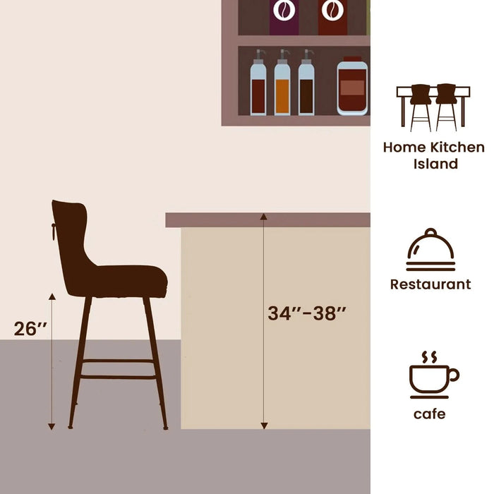 Bar Stools Set of 2, Velvet Counter Height Bar Stools with Metal Legs, Button Tufted and Nailheads Trim, Wing-Back Bar Chairs for Kitchen Island Dining Room Pub, Beige Default -DTYStore